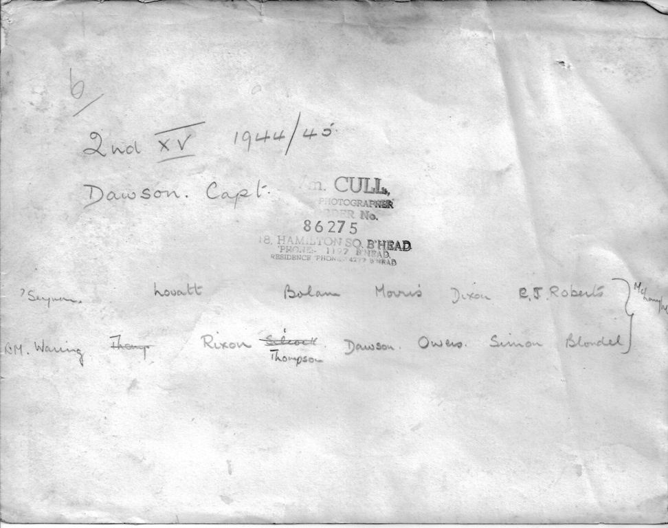 Reverse of Photograph School Rugby 1944-45 2nd XV