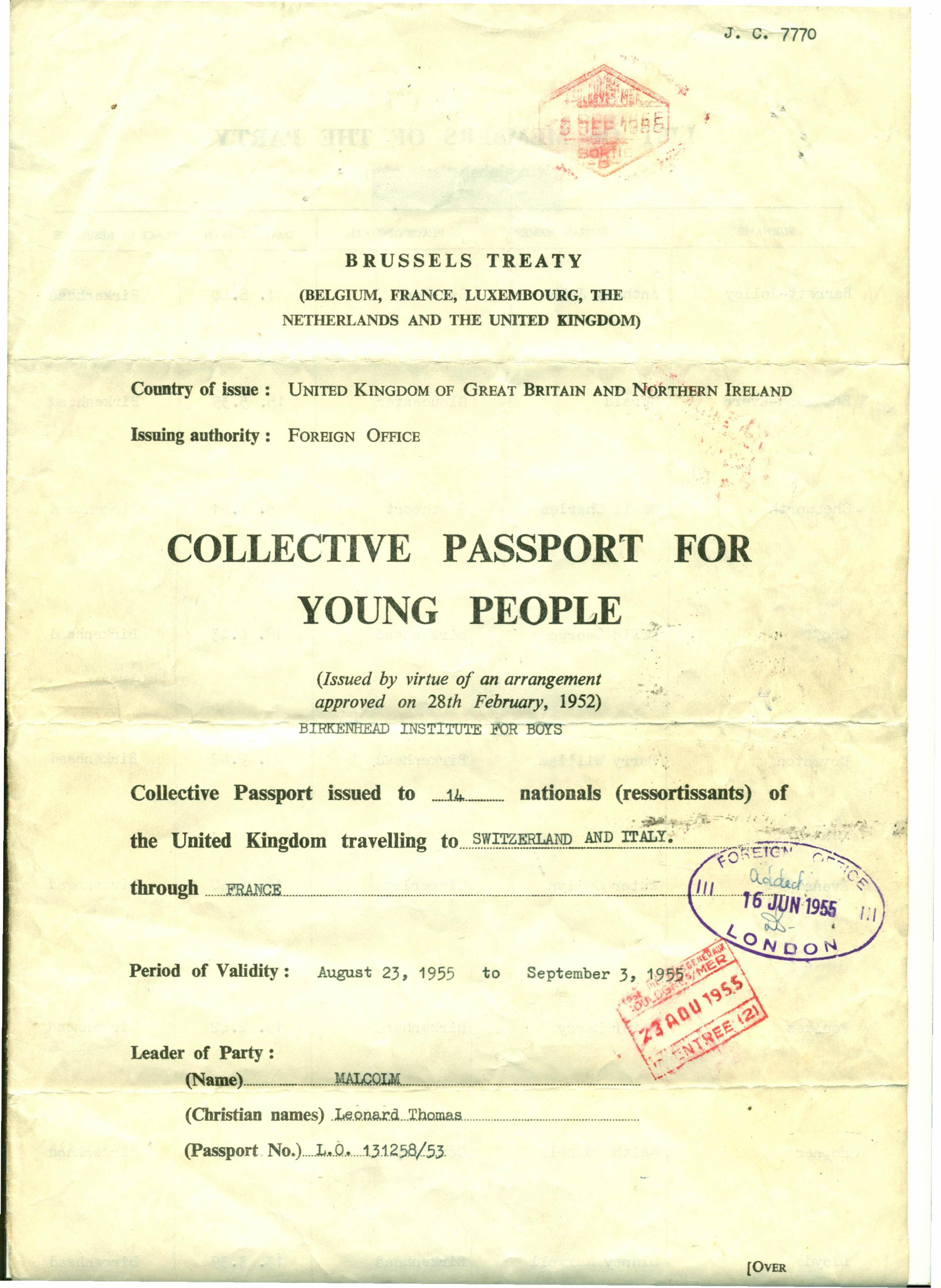 Collective Passport for 1955 Switzerland and Italy