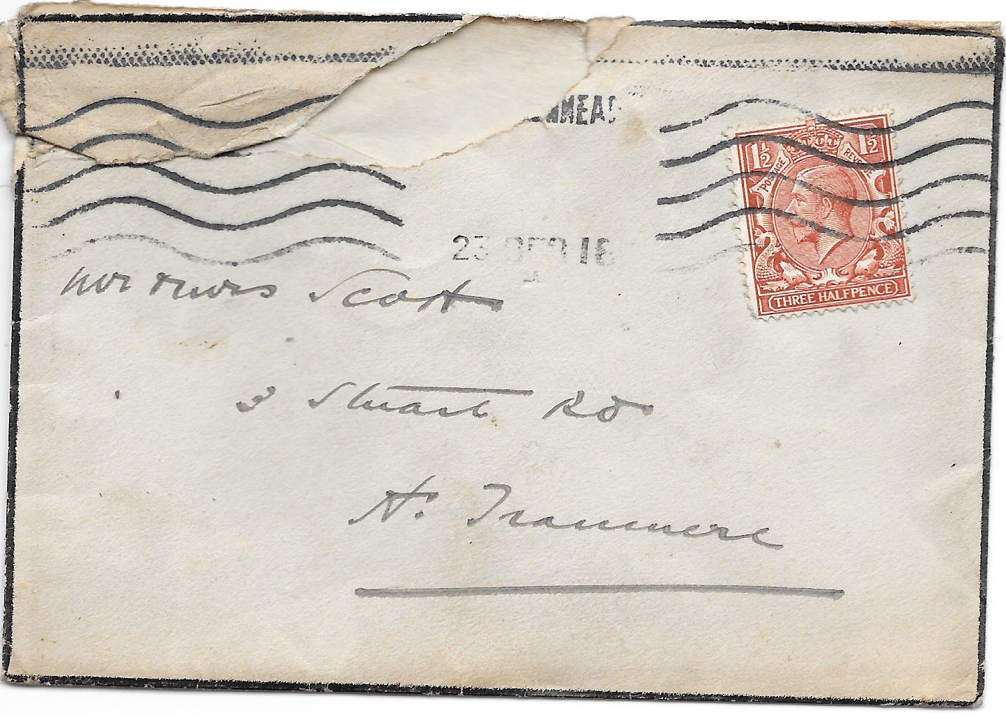 Photograph of an envelope for a letter to Joseph Brayton Scott's parents 1918