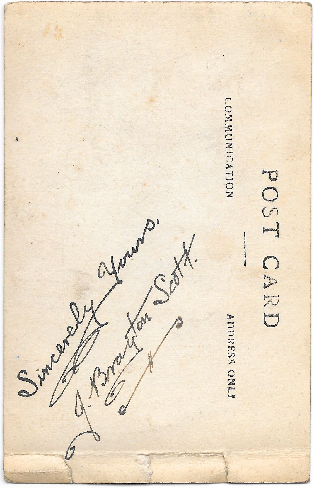 Photograph of the back of a postcard of Joseph Brayton Scott