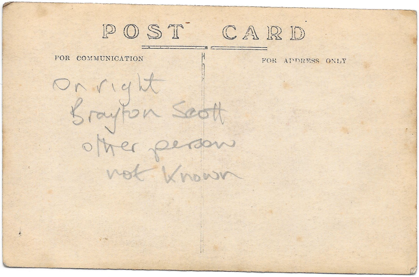 Photograph of the back of a postcard of Joseph Brayton Scott and friend