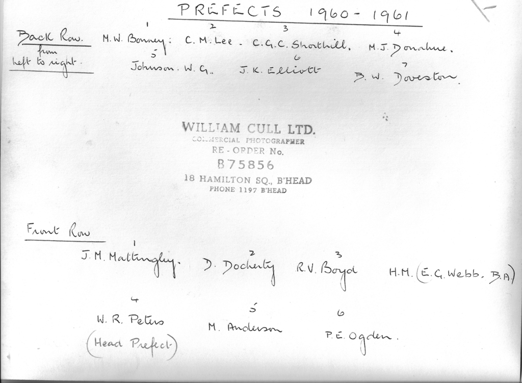 Photograph of School Prefects 1959, Whetstone Lane