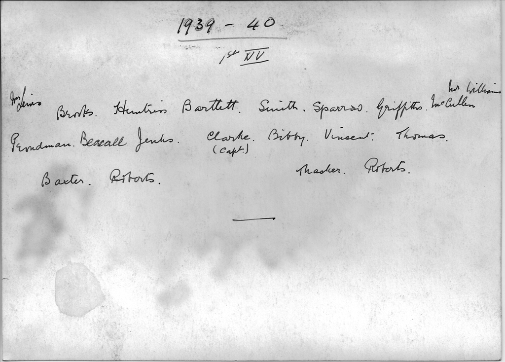 Reverse of Photograph School Rugby 1939-40 1st XV