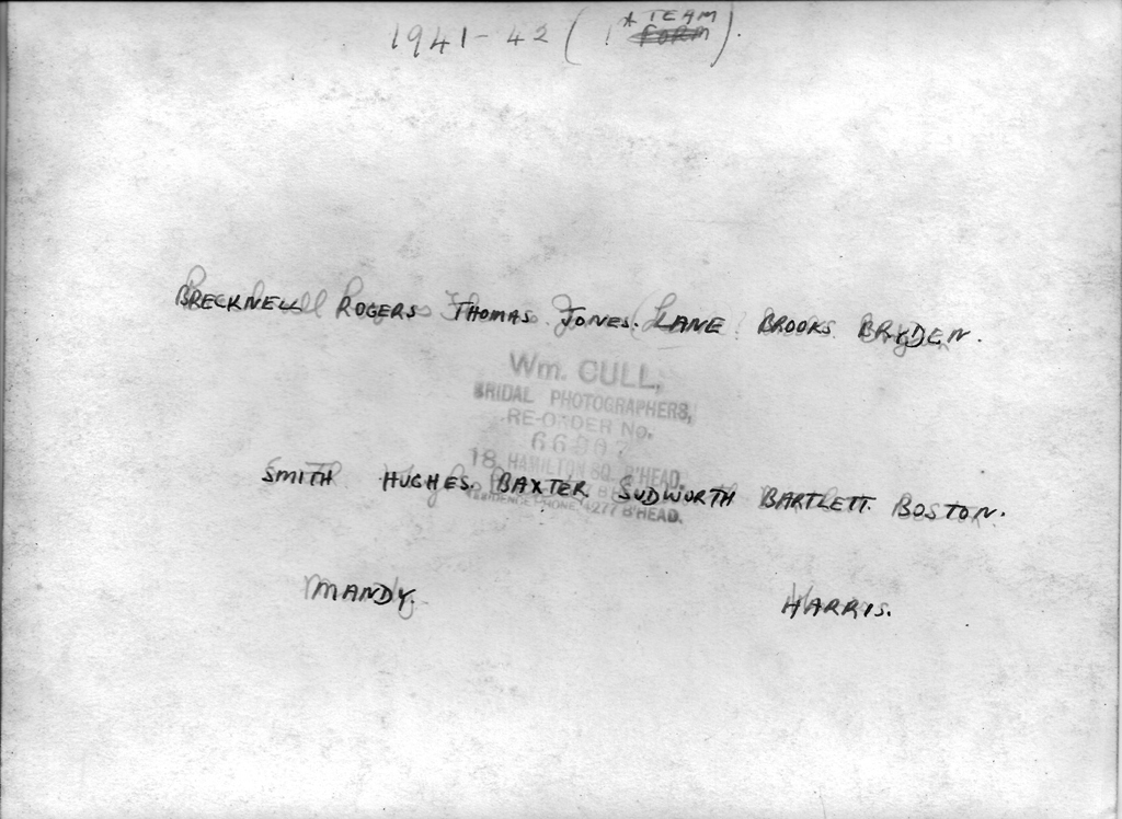 Reverse of Photograph School Rugby 1941-42 1st XV