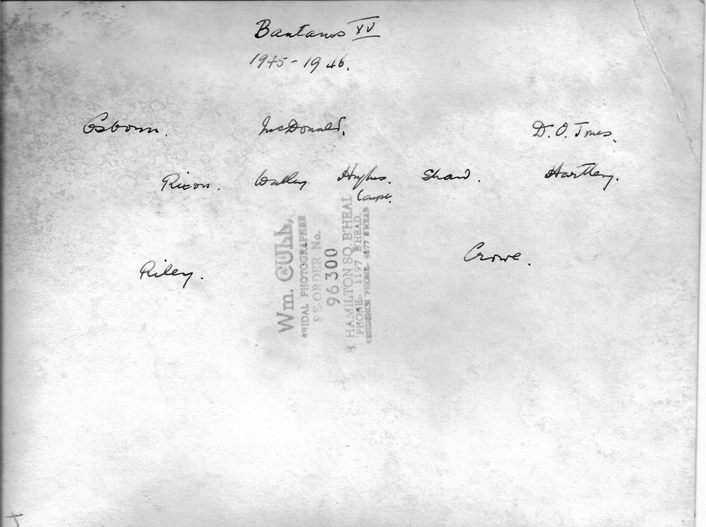 Reverse of Photograph School Rugby 1945-46 Bantams XV