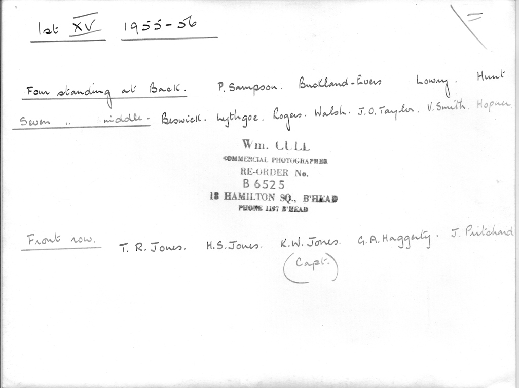 Reverse of Photograph School Rugby 1955-56 1st XV