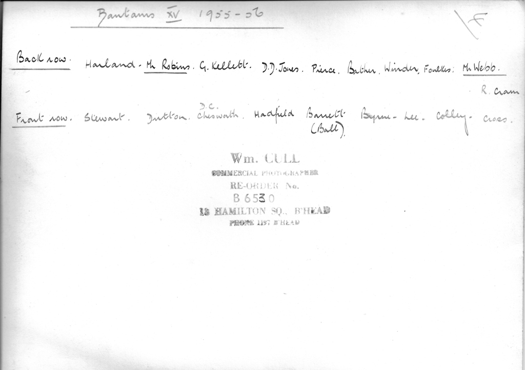 Reverse of Photograph School Rugby 1955-56 Bantams XV