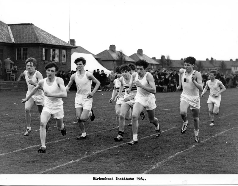 Photograph of School Sports Day 1964, start of mile race, Ingleborough Road Memorial Field
