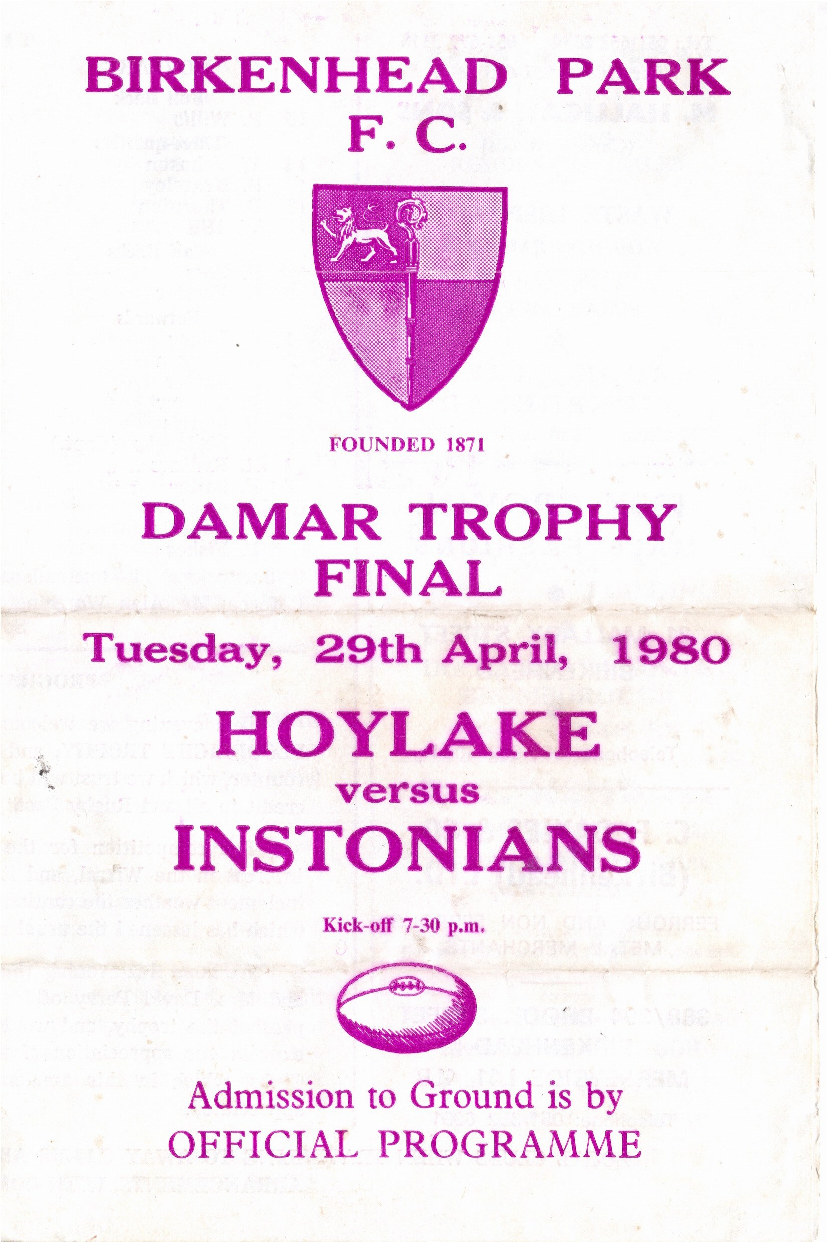 Old Instonians RUFC Programme, 1980 Damar Trophy Final
